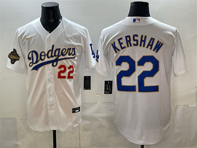 Men's Los Angeles Dodgers #22 Clayton Kershaw White 2025 World Series Champions Patch Stitched Baseball Jersey Men's Los Angeles Dodgers #22 Clayton Kershaw White 2025 World Series Champions Patch Stitched Baseball Jersey